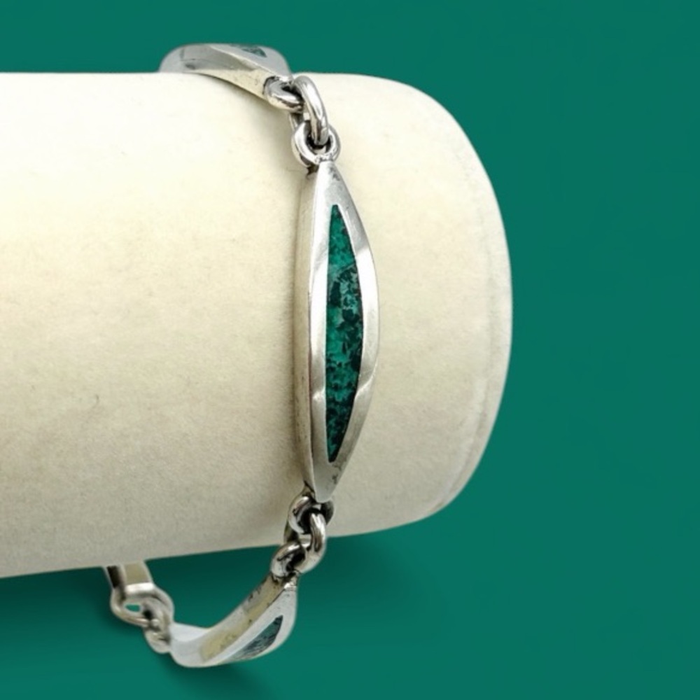 Taxco Vintage 925 Sterling Silver Turquoise Inlay Panel Bracelet 7.5” 27g